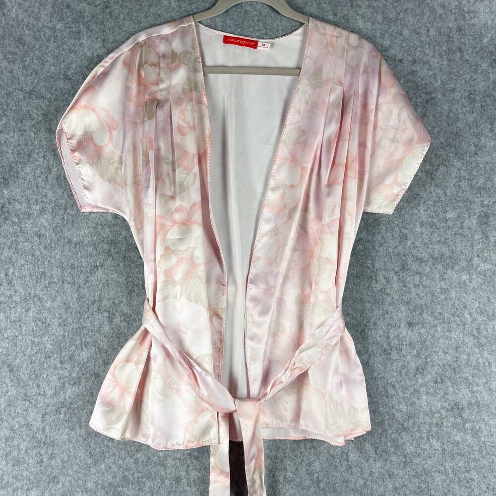 Vintage‎ Halston III Robe Womens Medium Pink Floral Pleated Belted Kimono Short